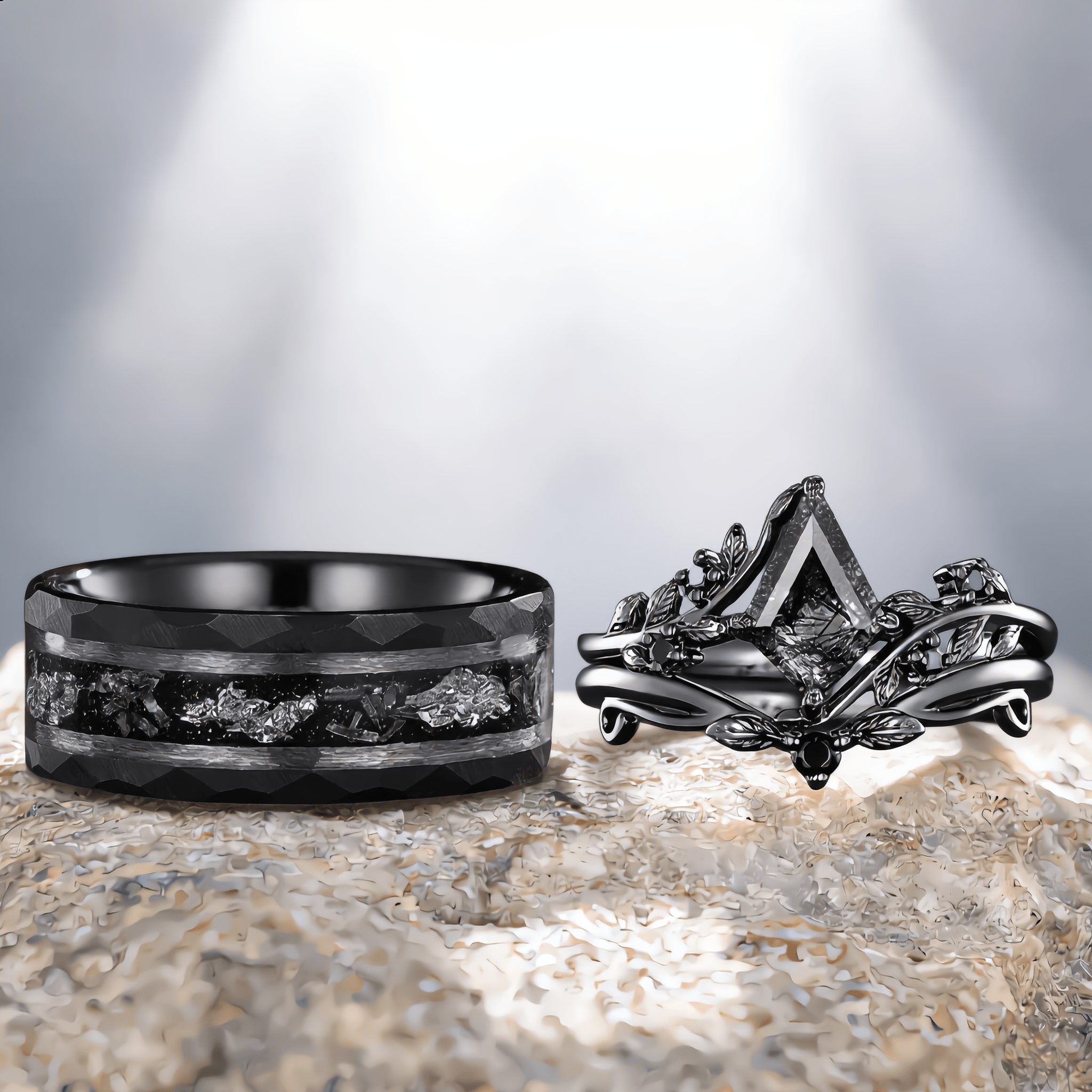 Black Rutilated Quartz Couple Ring Set His and Her Wedding Band Vintage Art Deco Engagement Ring for Men and Women Ring - anerjuly