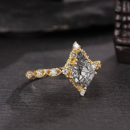 Black Rutilated Quartz Couple Ring Set His and Her Wedding Band Vintage Art Deco Engagement Ring matching rings - anerjuly