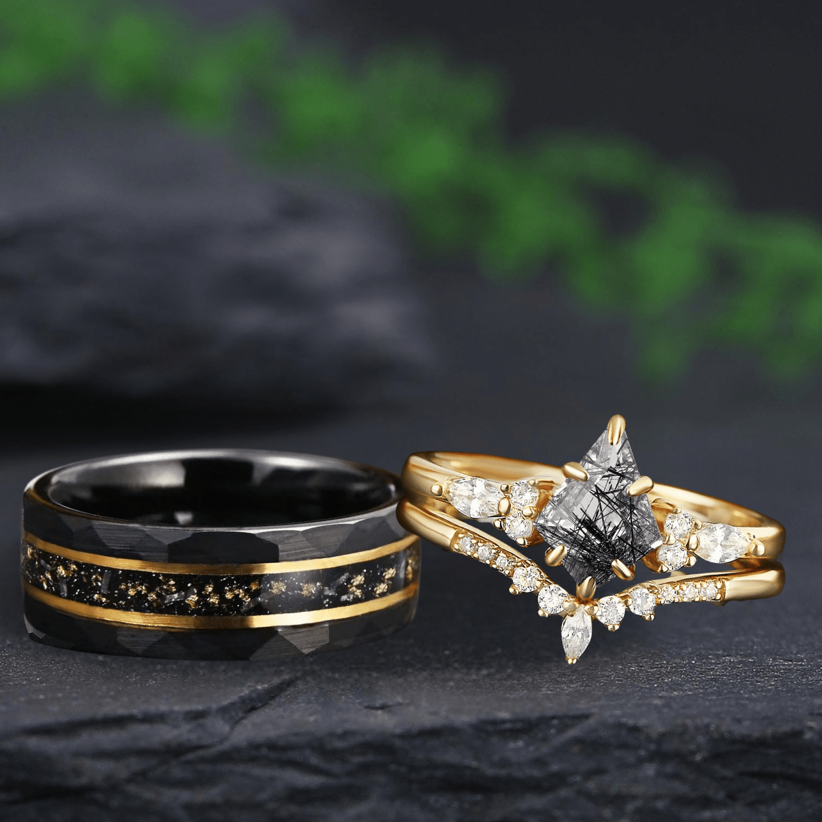 Black Rutilated Quartz Couple Ring Set His and Her Wedding Band Vintage Art Deco Engagement Ring matching rings - anerjuly