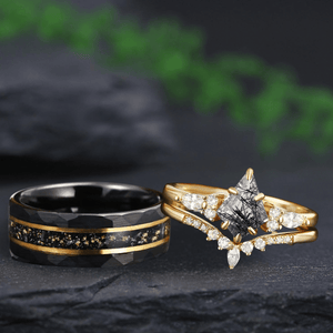 Black Rutilated Quartz Couple Ring Set His and Her Wedding Band Vintage Art Deco Engagement Ring matching rings - anerjuly