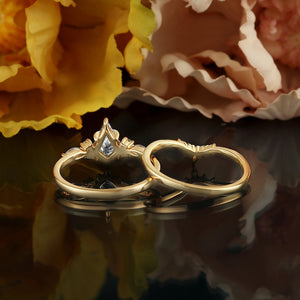 Black Rutilated Quartz Couple Ring Set His and Her Wedding Band Vintage Art Deco Engagement Ring matching rings - anerjuly