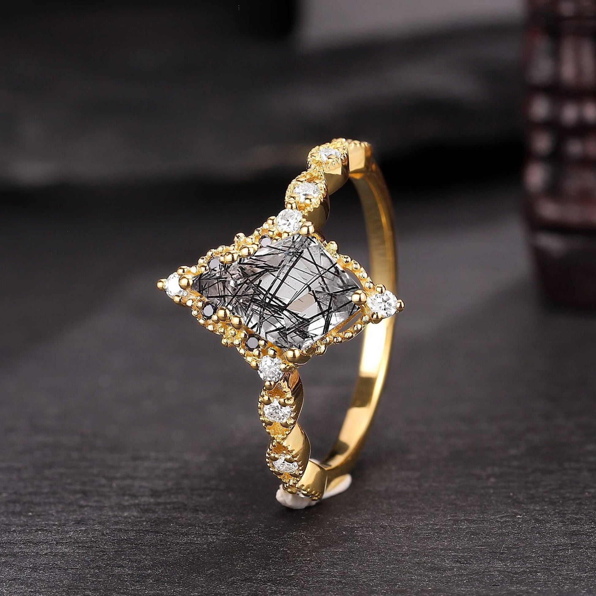 Black Rutilated Quartz Couple Ring Set His and Her Wedding Band Vintage Art Deco Engagement Ring matching rings - anerjuly