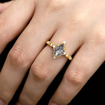 Black Rutilated Quartz Couple Ring Set His and Her Wedding Band Vintage Art Deco Engagement Ring matching rings - anerjuly