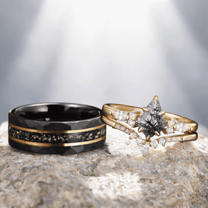 Black Rutilated Quartz Couple Ring Set His and Her Wedding Band Vintage Art Deco Engagement Ring matching rings - anerjuly