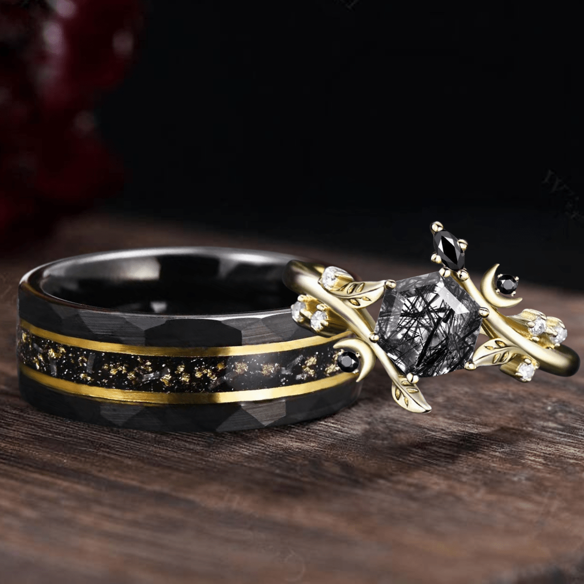 Black Rutilated Quartz Couple Ring Set Wedding Band Vintage Art Deco Engagement Ring matching rings - anerjuly