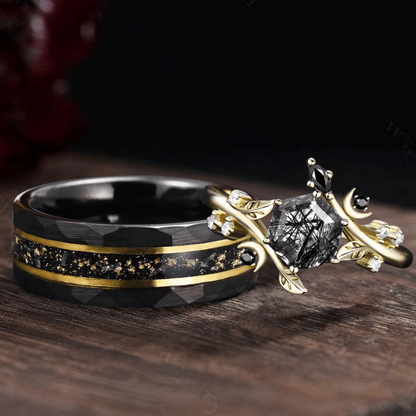 Black Rutilated Quartz Couple Ring Set Wedding Band Vintage Art Deco Engagement Ring matching rings - anerjuly