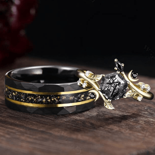 Black Rutilated Quartz Couple Ring Set Wedding Band Vintage Art Deco Engagement Ring matching rings - anerjuly