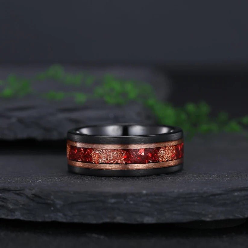 Black Tungsten Band with Red Fire Opal and Gold Flake Inlay - anerjuly