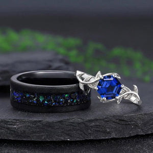 Black Tungsten Meteorite Opal Men's Band Nature Vine Blue Couples Rings - anerjuly