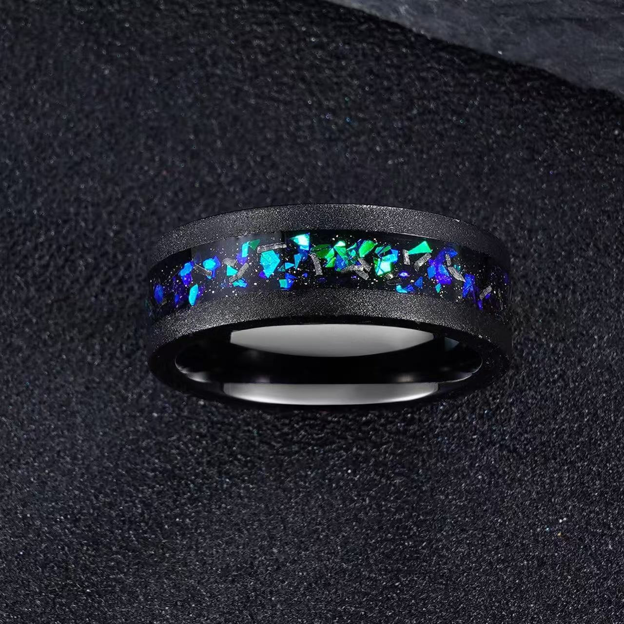 Black Tungsten Meteorite Opal Men's Band Nature Vine Blue Couples Rings - anerjuly