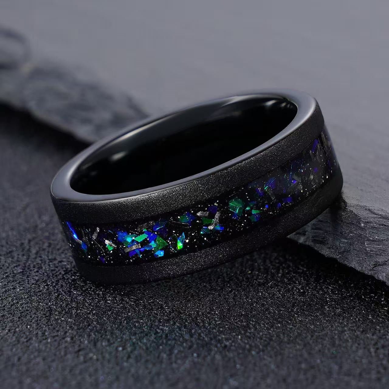 Black Tungsten Meteorite Opal Men's Band Nature Vine Blue Couples Rings - anerjuly