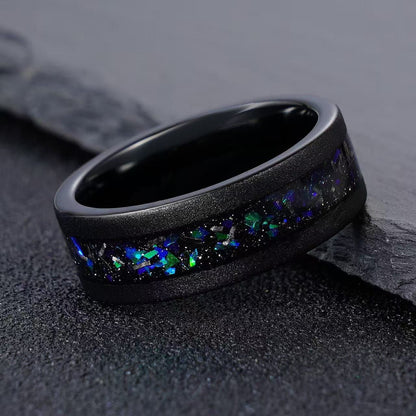 Black Tungsten Meteorite Opal Men's Band Nature Vine Blue Couples Rings - anerjuly