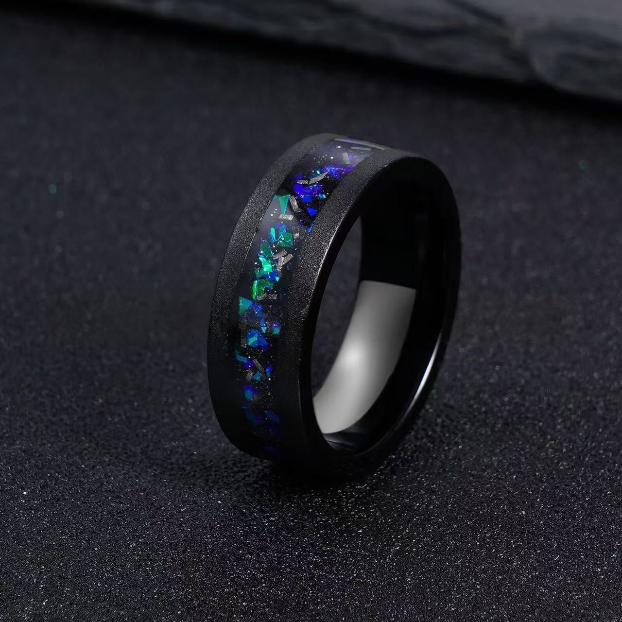 Black Tungsten Meteorite Opal Men's Band Nature Vine Blue Couples Rings - anerjuly