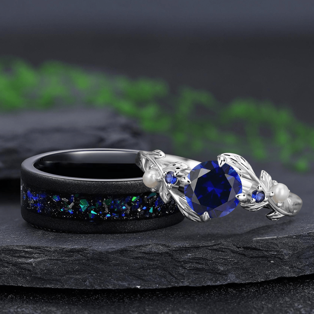 Black Tungsten Meteorite Opal Men's Band Nature Vine Blue Couples Rings - anerjuly