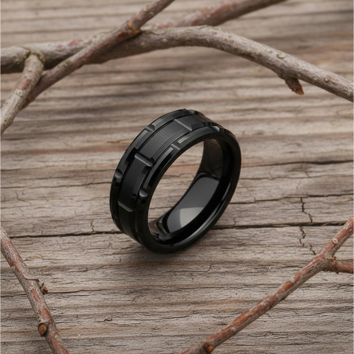 Black Tungsten Ring with Brushed Center & Step Grooves - anerjuly