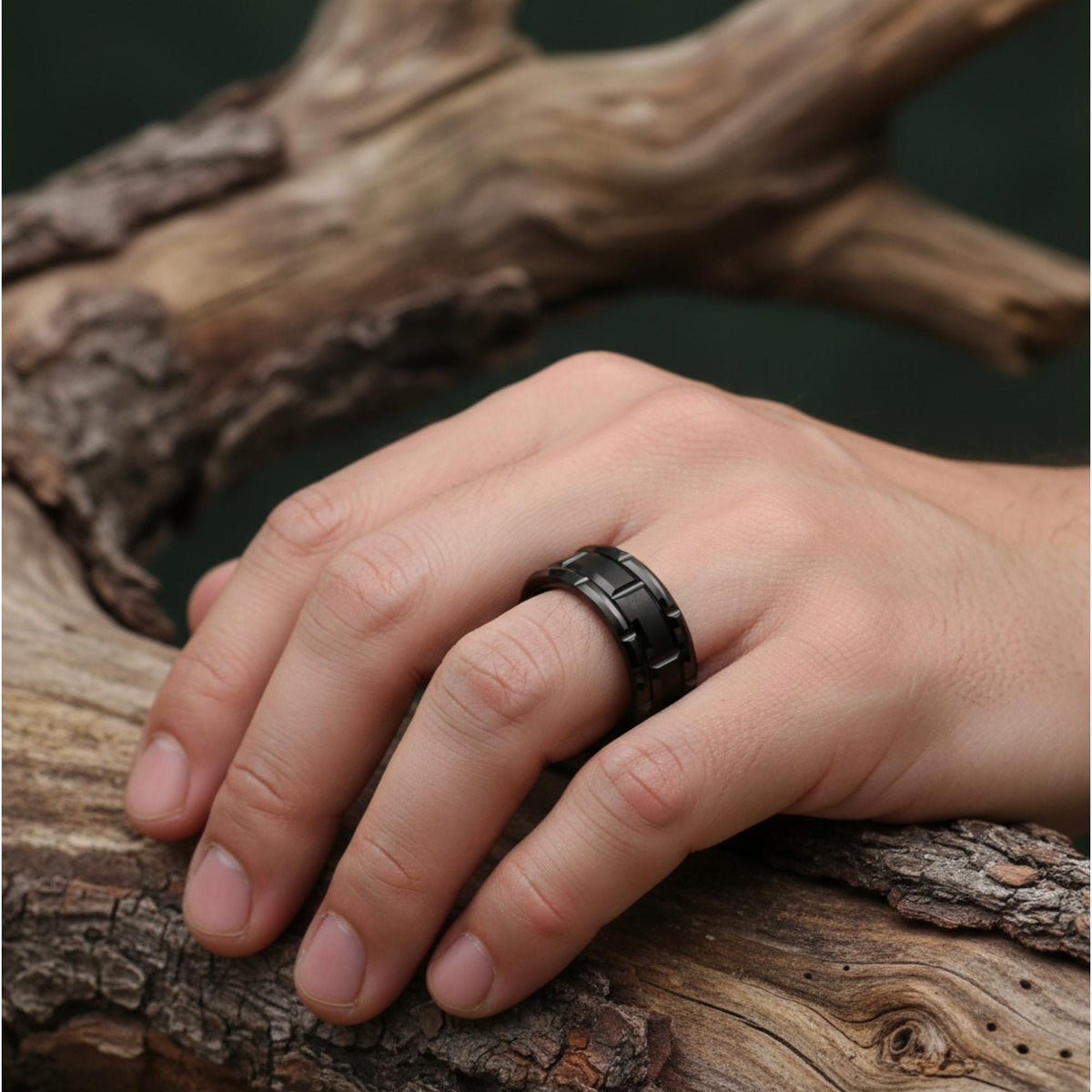 Black Tungsten Ring with Brushed Center & Step Grooves - anerjuly