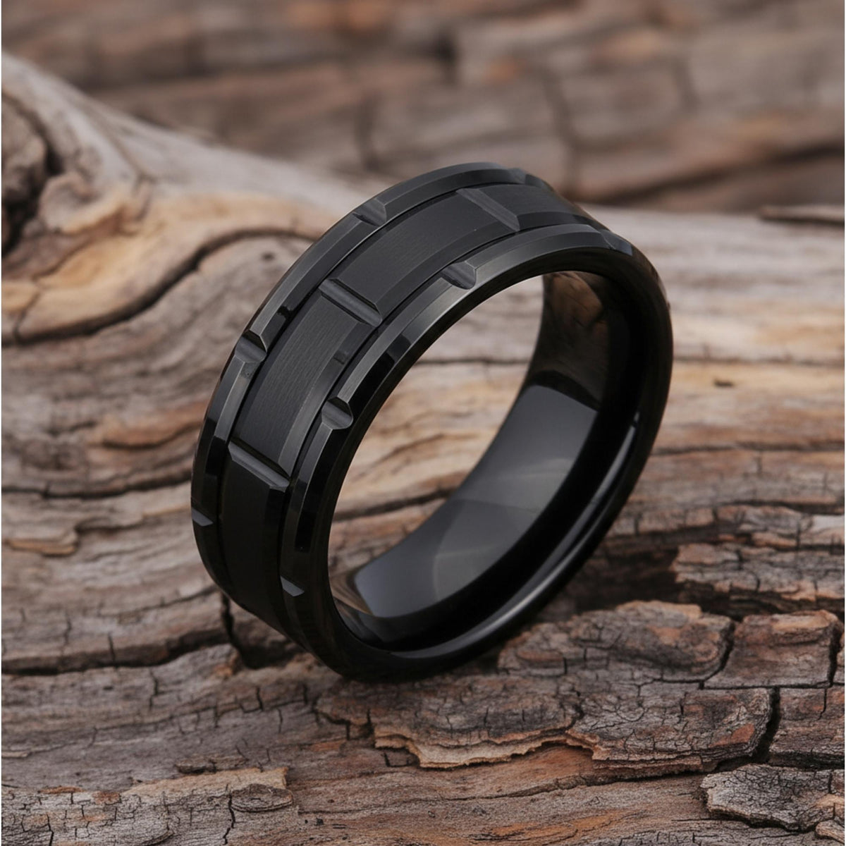Black Tungsten Ring with Brushed Center & Step Grooves - anerjuly