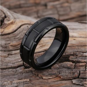 Black Tungsten Ring with Brushed Center & Step Grooves - anerjuly