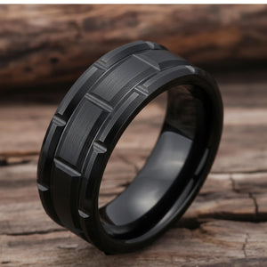 Black Tungsten Ring with Brushed Center & Step Grooves - anerjuly