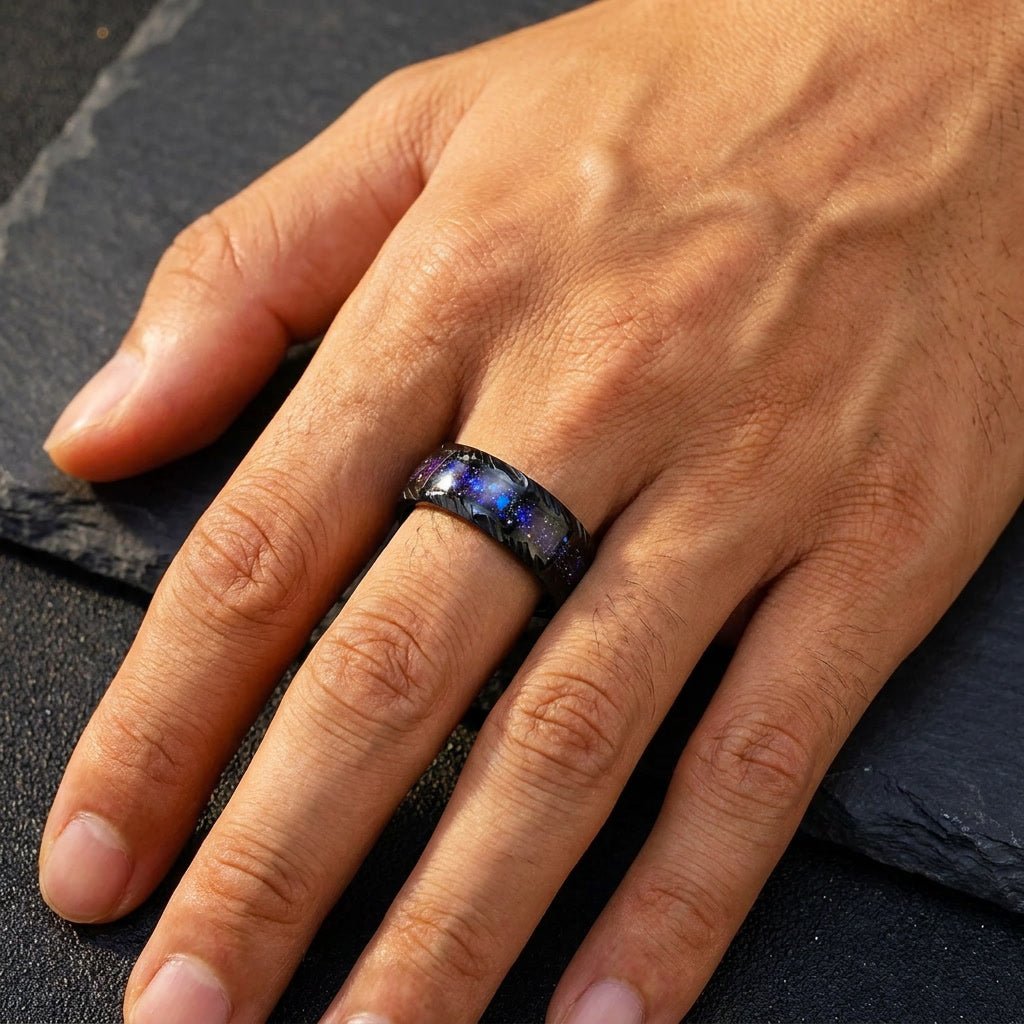 Black Tungsten Ring with Galaxy Opal Inlay and Leaf Cut Band - anerjuly