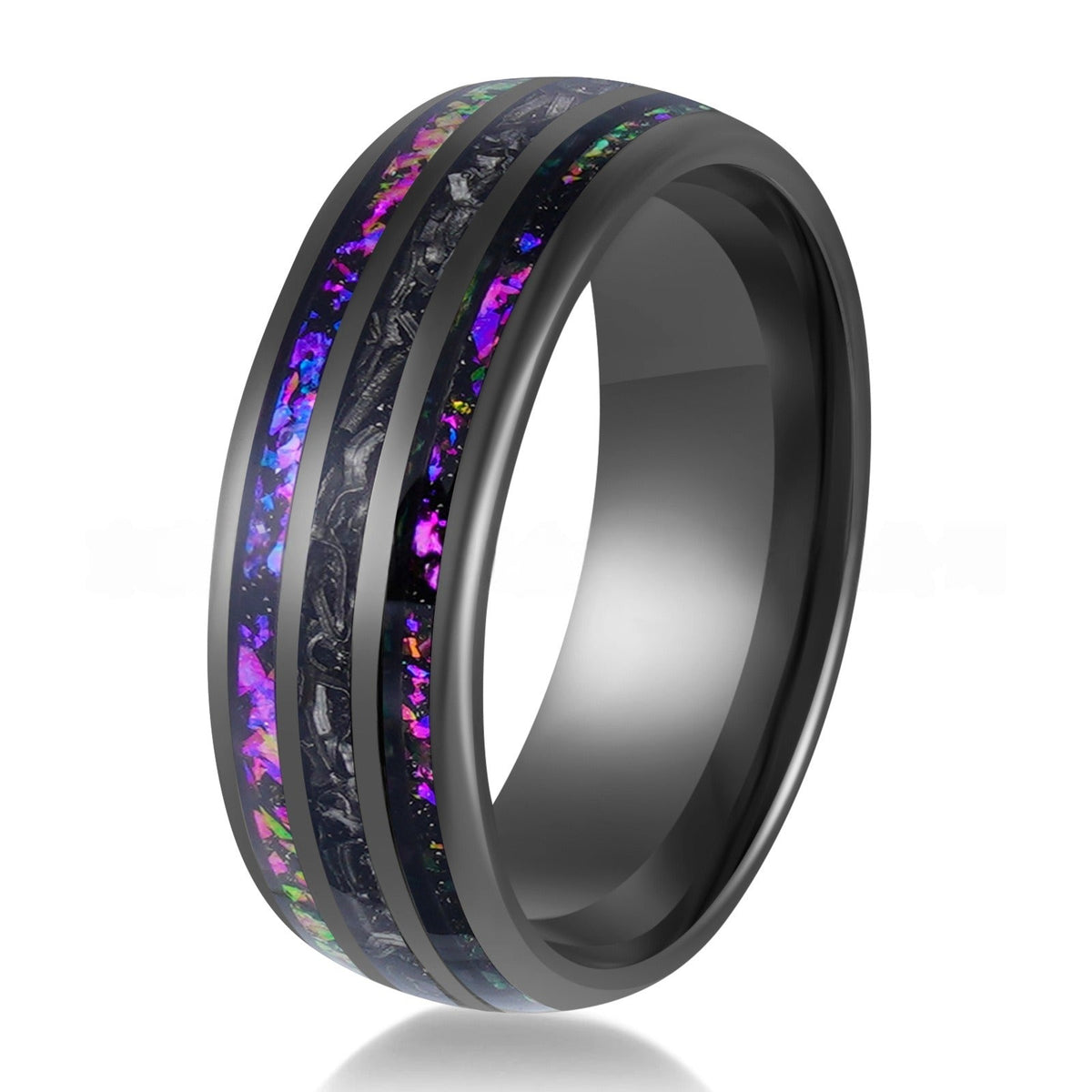 Black Tungsten Ring with Meteorite & Purple Galaxy Opal Inlay - anerjuly
