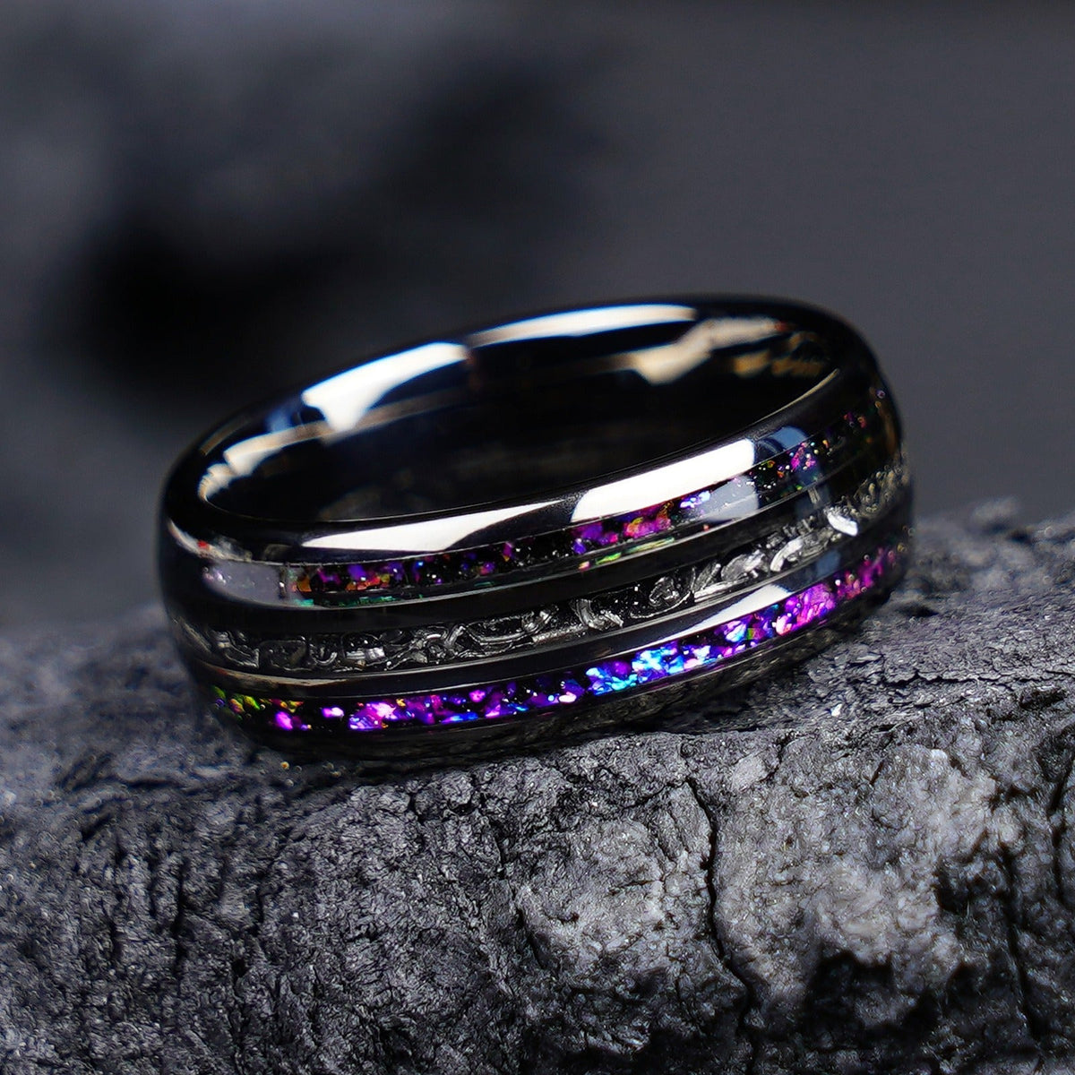 Black Tungsten Ring with Meteorite & Purple Galaxy Opal Inlay - anerjuly