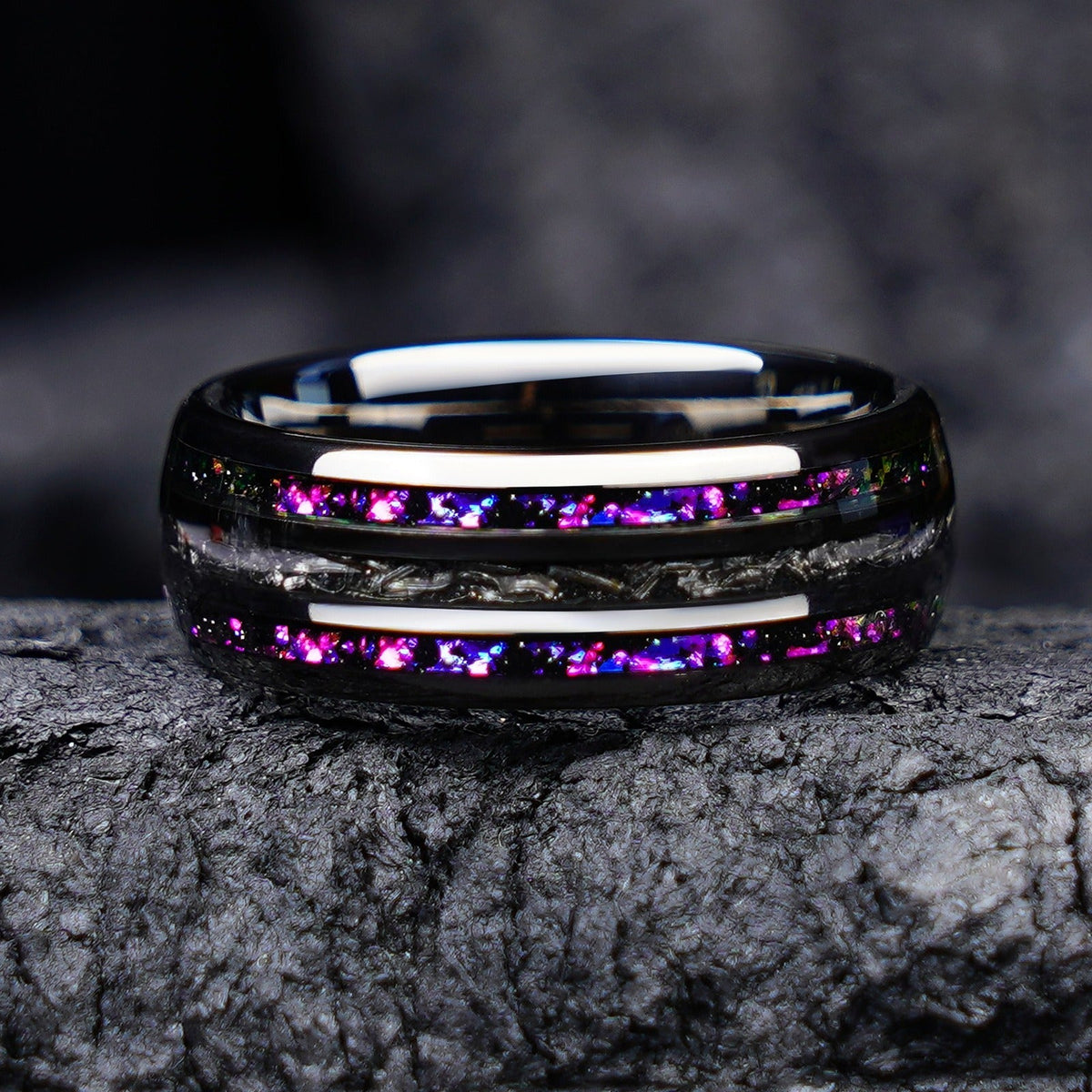Black Tungsten Ring with Meteorite & Purple Galaxy Opal Inlay - anerjuly