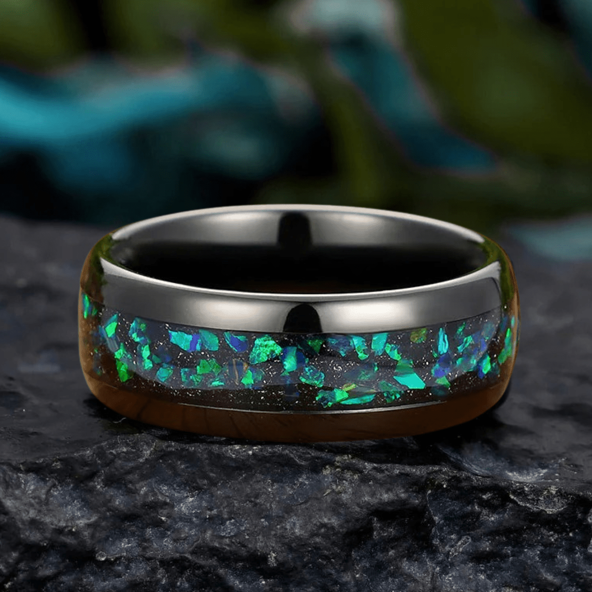 Black Tungsten Ring with Peacock Green Opal and Gold Leaf Inlay Men's Wedding Band - anerjuly