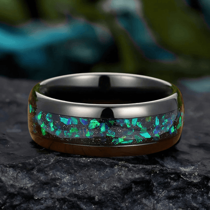 Black Tungsten Ring with Peacock Green Opal and Gold Leaf Inlay Men's Wedding Band - anerjuly