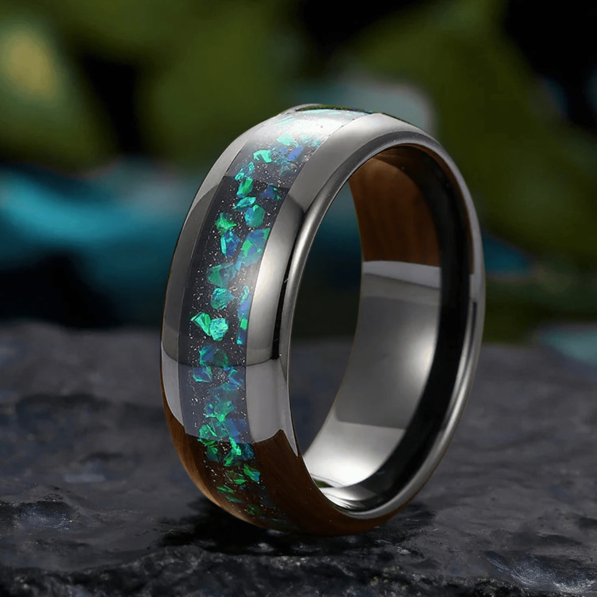 Black Tungsten Ring with Peacock Green Opal and Gold Leaf Inlay Men's Wedding Band - anerjuly