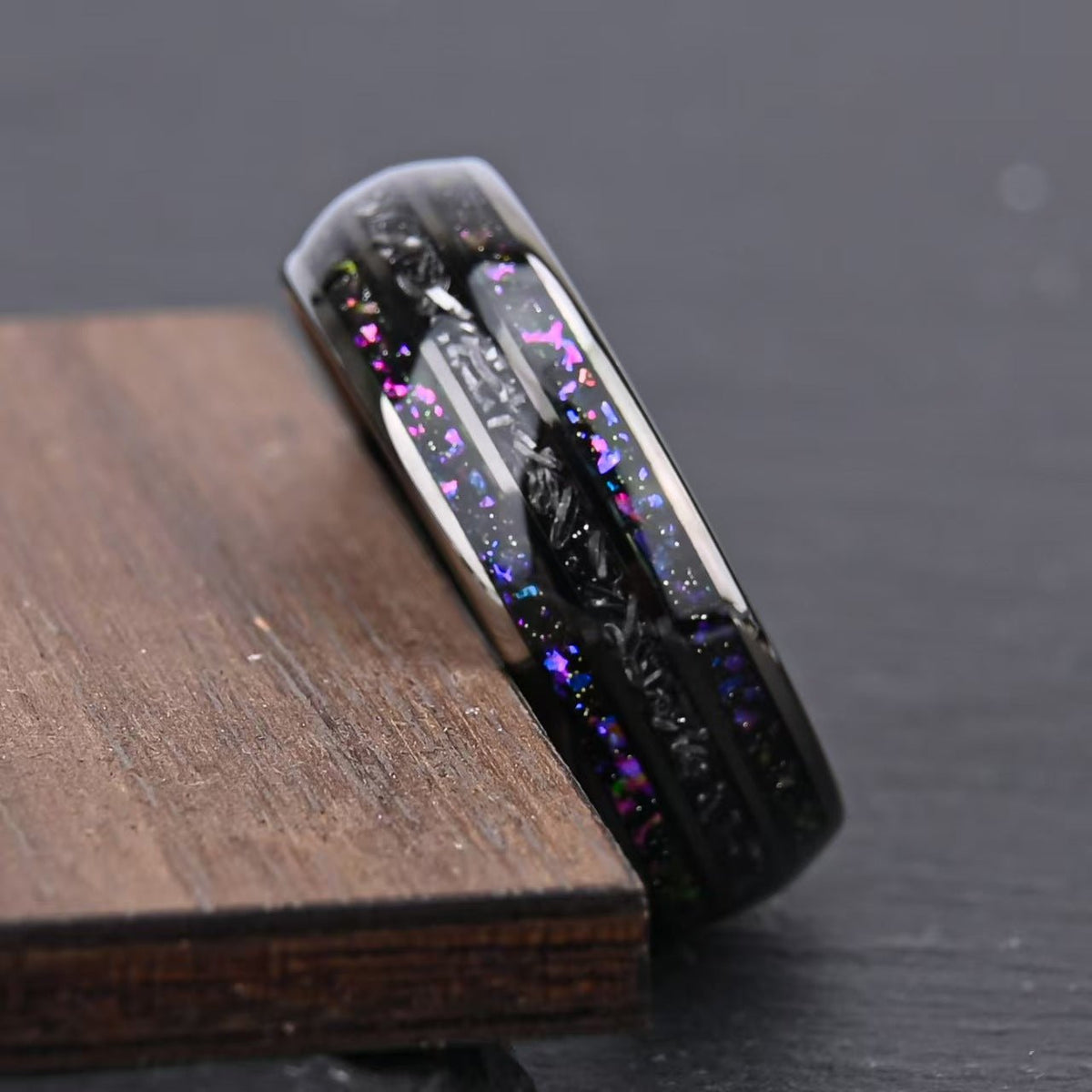 Black Tungsten Ring with Purple & Blue Galaxy Opal Inlay - anerjuly
