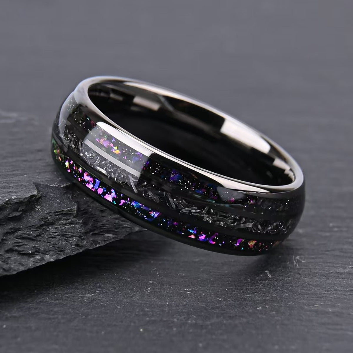 Black Tungsten Ring with Purple & Blue Galaxy Opal Inlay - anerjuly