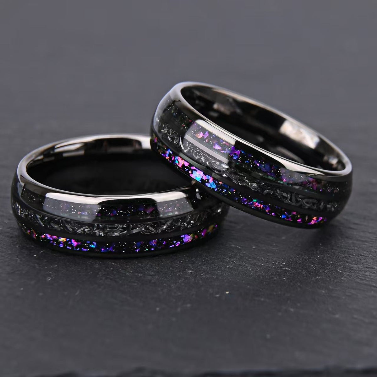 Black Tungsten Ring with Purple & Blue Galaxy Opal Inlay - anerjuly