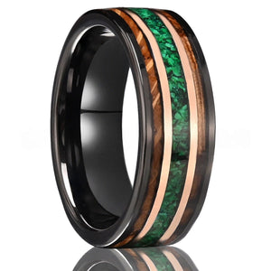 His Ring - Black Tungsten Ring with Wood & Green Malachite Inlay