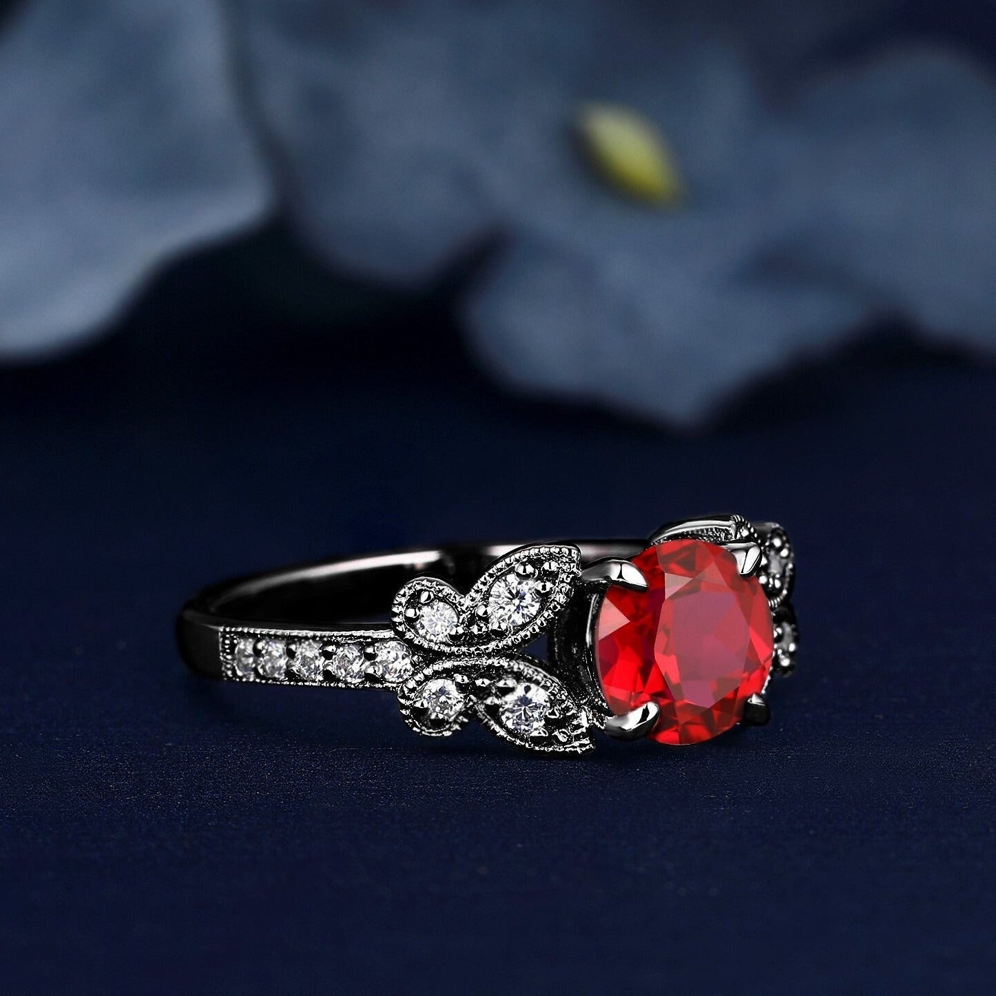 Butterfly Ring Round Cut Lab Created Ruby Black Gold Ring Engagement Ring Wedding Ring - anerjuly