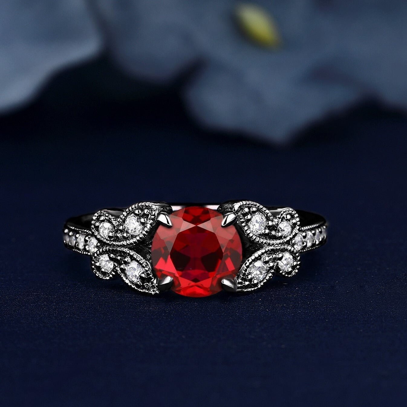 Butterfly Ring Round Cut Lab Created Ruby Black Gold Ring Engagement Ring Wedding Ring - anerjuly