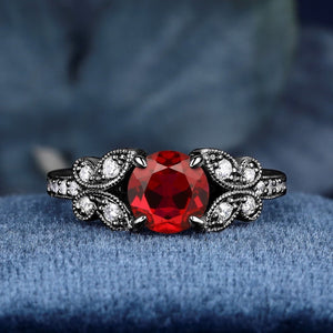Butterfly Ring Round Cut Lab Created Ruby Black Gold Ring Engagement Ring Wedding Ring - anerjuly