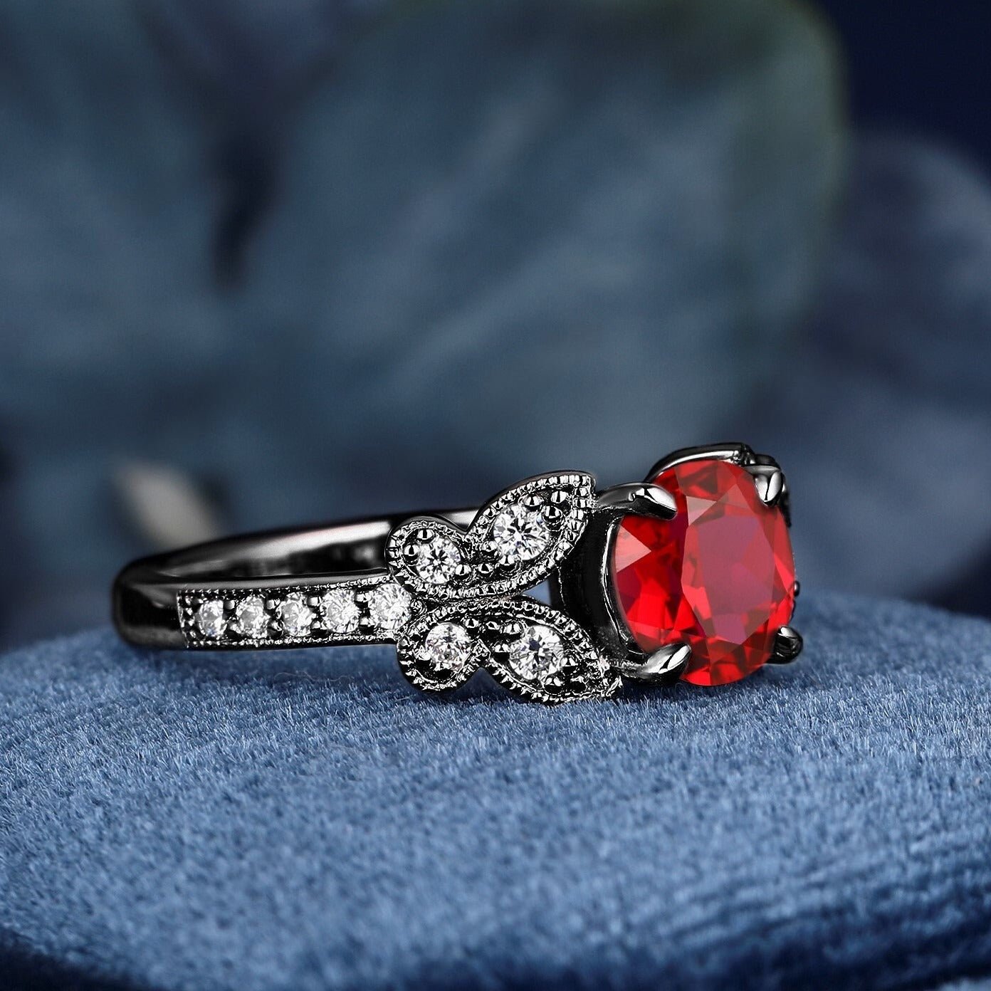 Butterfly Ring Round Cut Lab Created Ruby Black Gold Ring Engagement Ring Wedding Ring - anerjuly