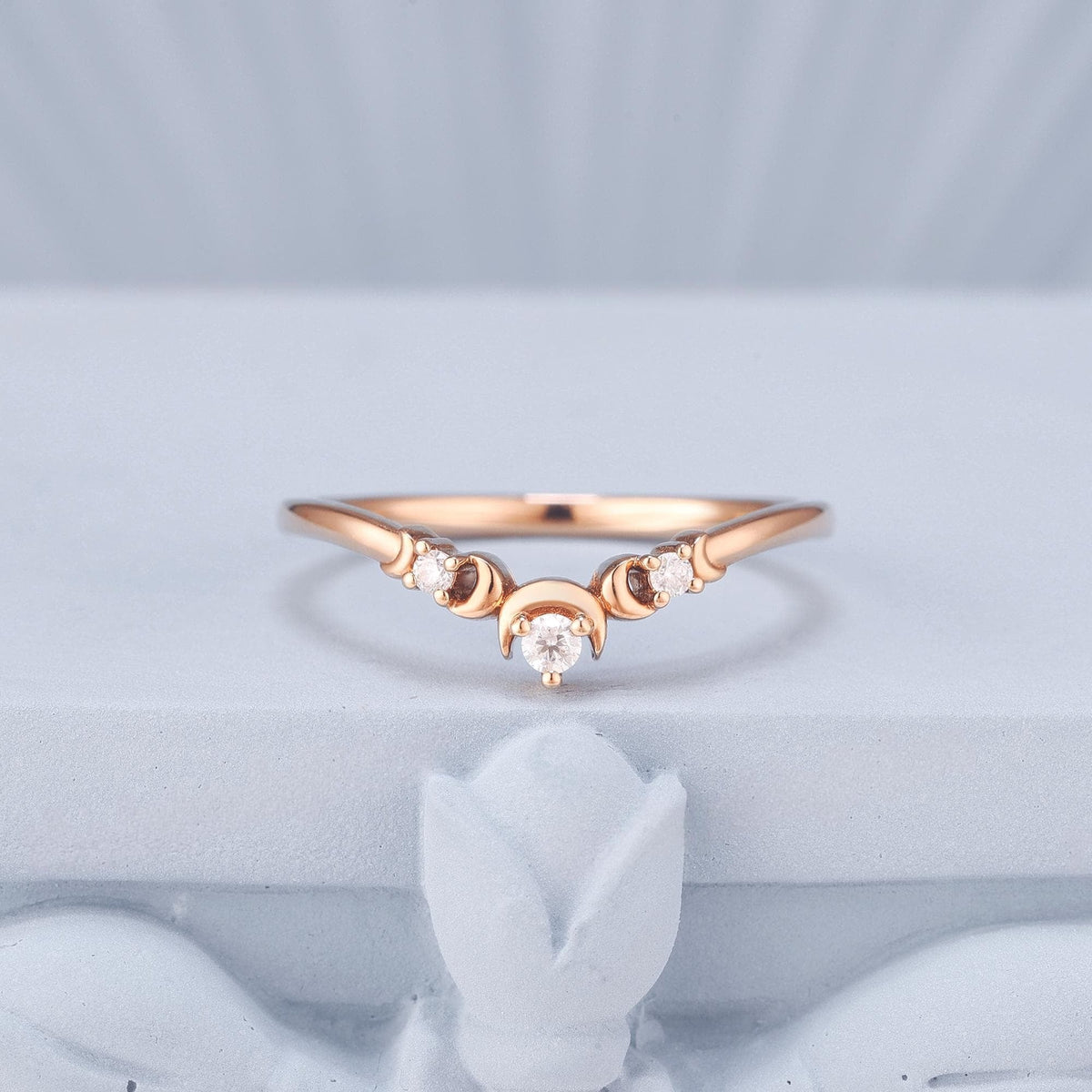 Celestial Crescent Round White Zircon Curved Wedding Band - anerjuly