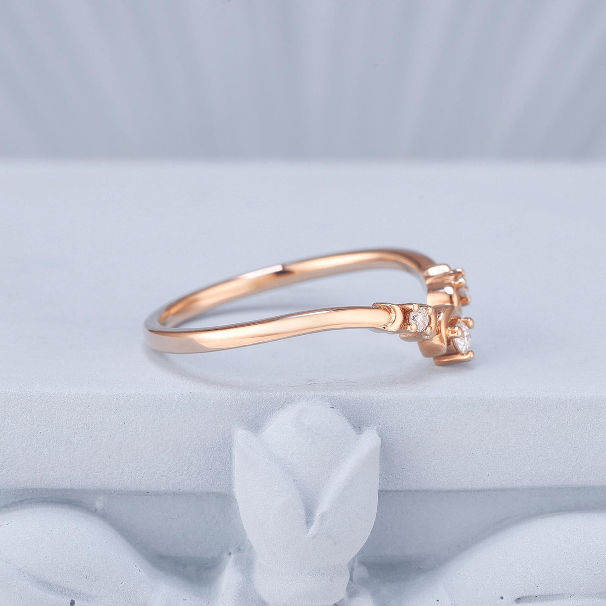 Celestial Crescent Round White Zircon Curved Wedding Band - anerjuly