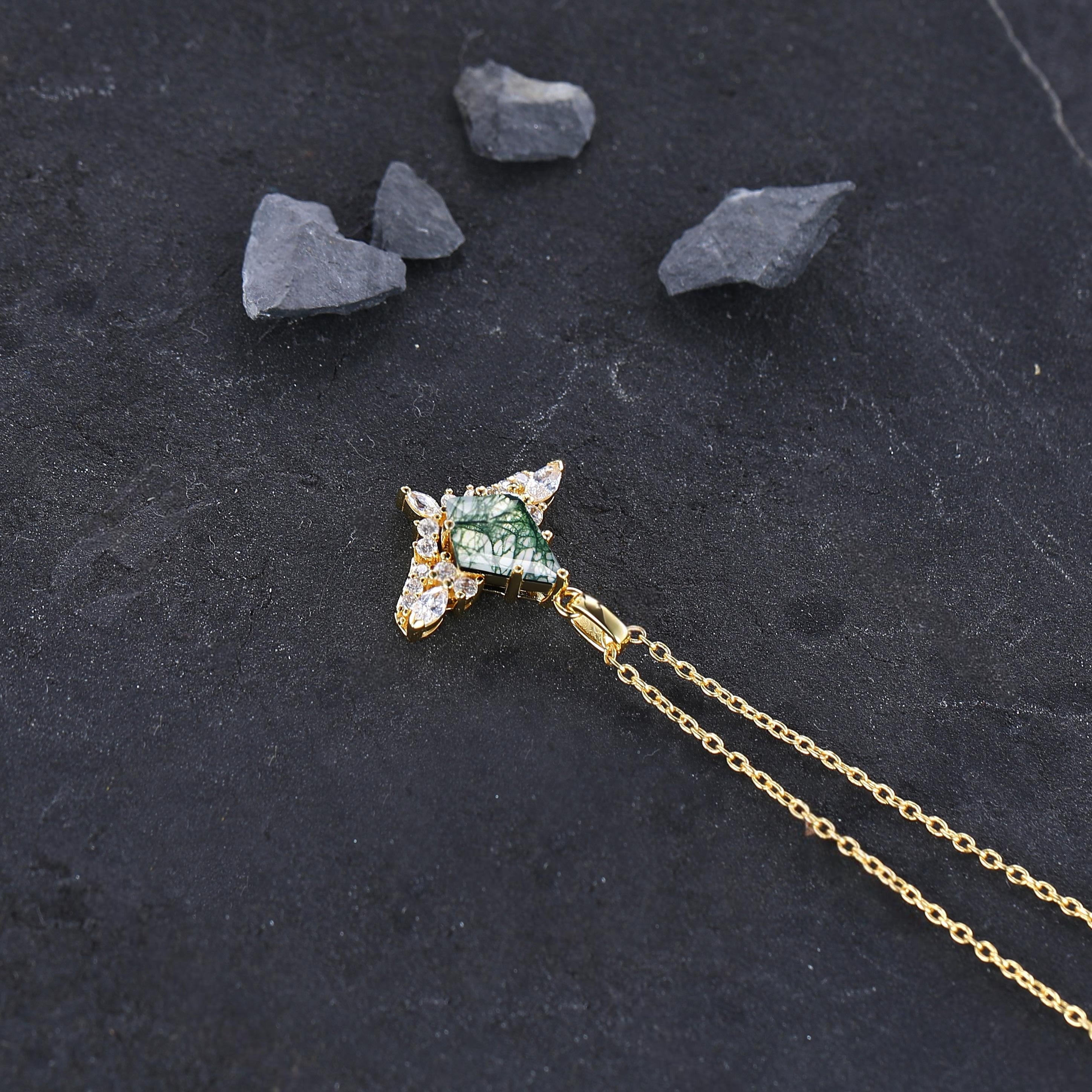 Cluster Kite Green Moss Agate Necklace, Women Natural Agate Pendant, Unique Birthstone Jewelry Anniversary Gift for Her - anerjuly