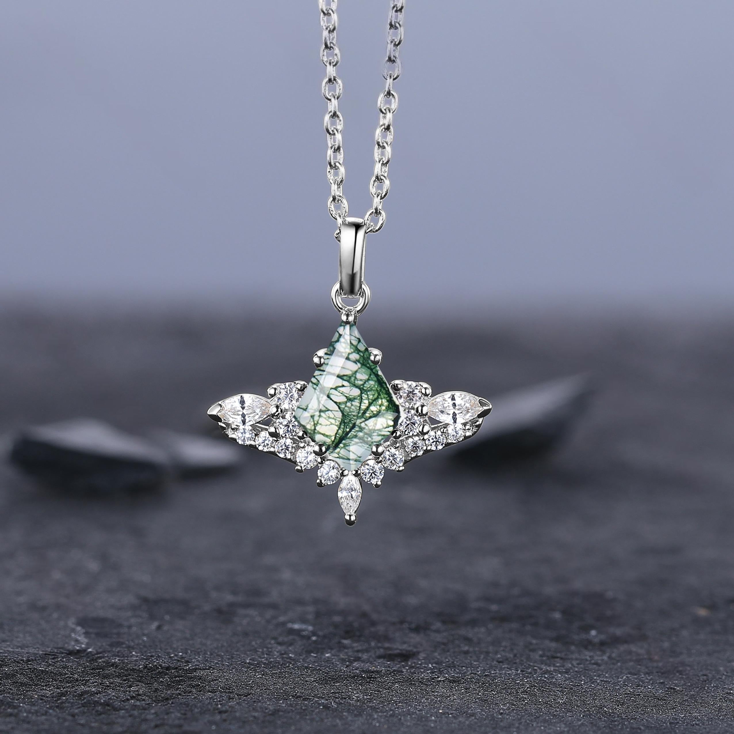 Cluster Kite Green Moss Agate Necklace, Women Natural Agate Pendant, Unique Birthstone Jewelry Anniversary Gift for Her - anerjuly