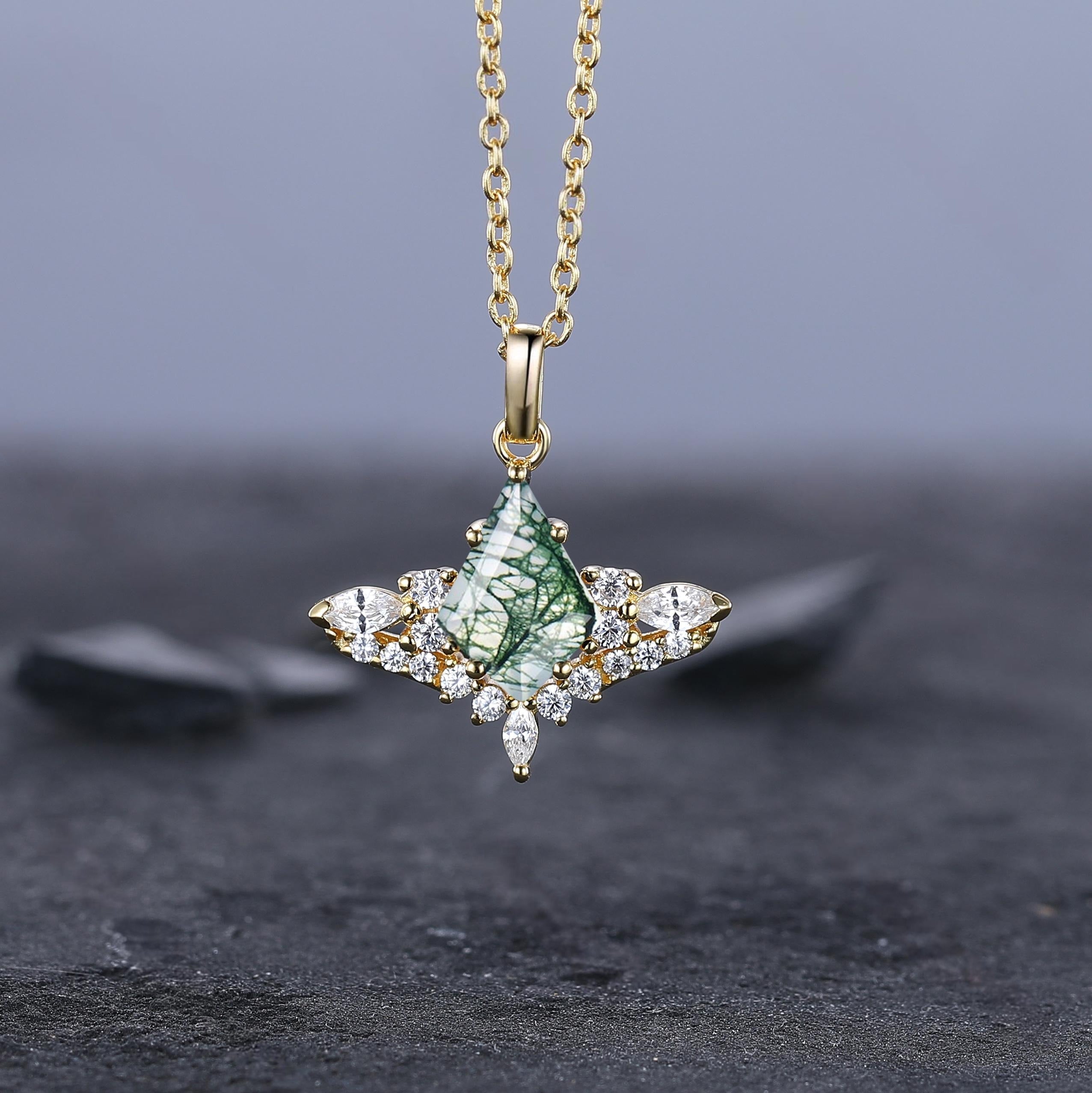 Cluster Kite Green Moss Agate Necklace, Women Natural Agate Pendant, Unique Birthstone Jewelry Anniversary Gift for Her - anerjuly