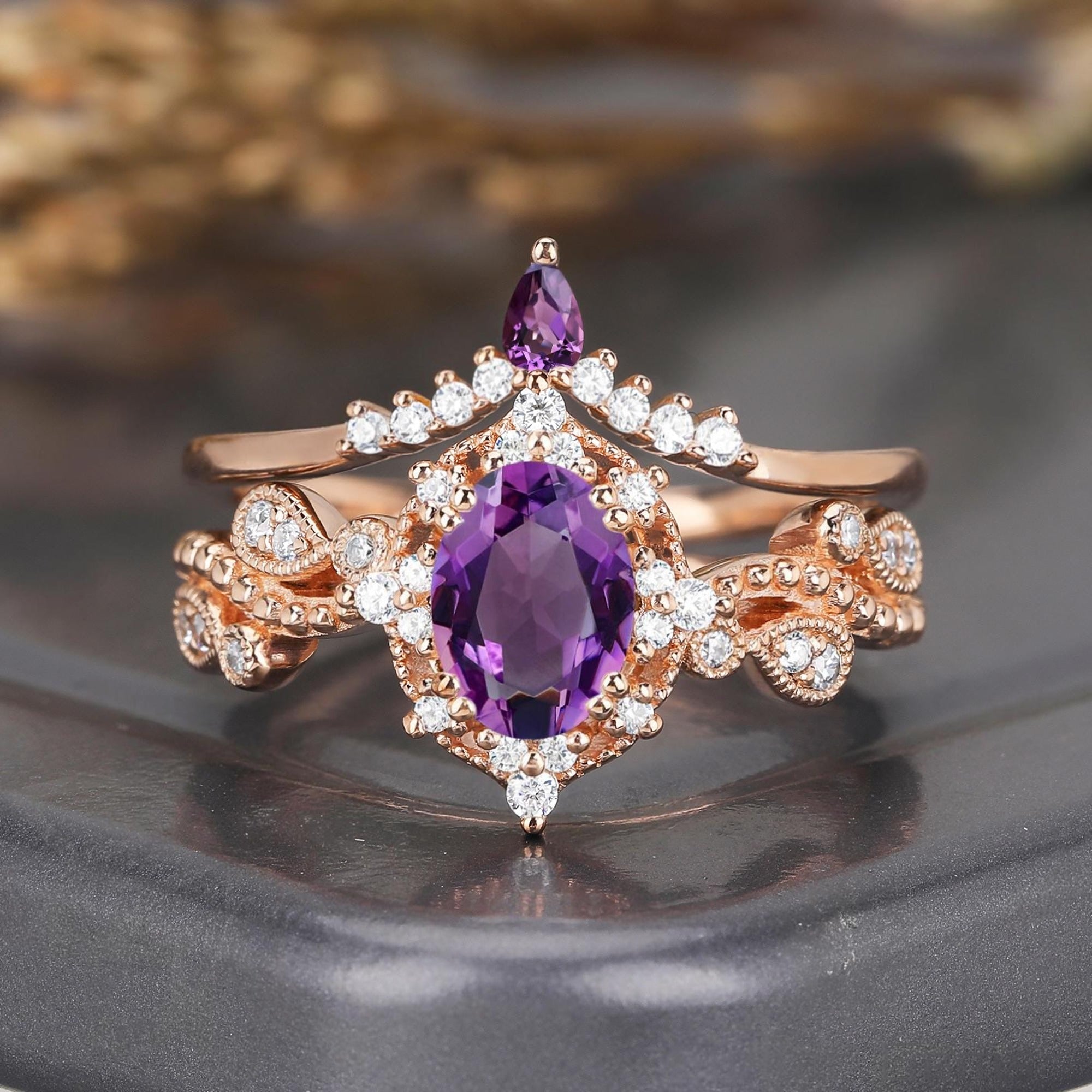 Cluster Oval Cut Amethyst Engagement Ring Set Vintage Rose Gold Leaf Branch Promise Ring For Women - anerjuly