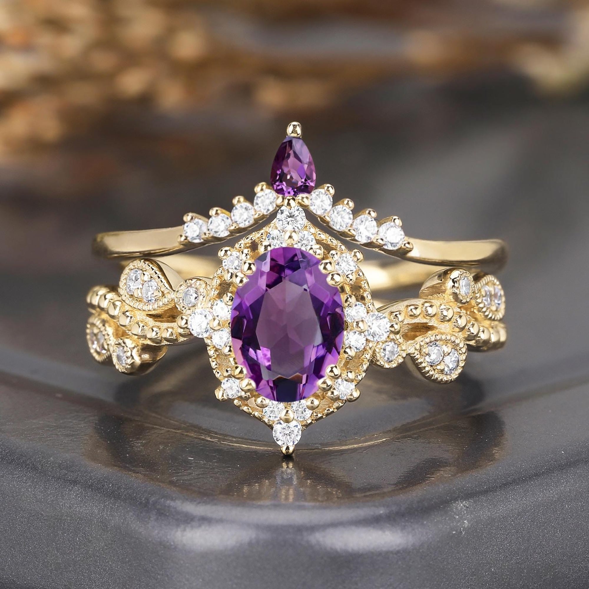 Cluster Oval Cut Amethyst Engagement Ring Set Vintage Rose Gold Leaf Branch Promise Ring For Women - anerjuly