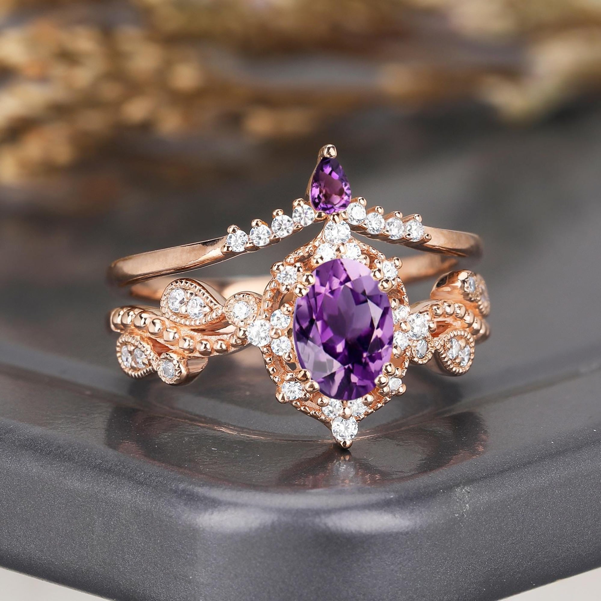 Cluster Oval Cut Amethyst Engagement Ring Set Vintage Rose Gold Leaf Branch Promise Ring For Women - anerjuly