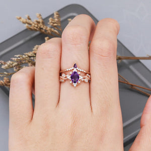 Cluster Oval Cut Amethyst Engagement Ring Set Vintage Rose Gold Leaf Branch Promise Ring For Women - anerjuly