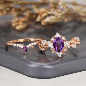 Cluster Oval Cut Amethyst Engagement Ring Set Vintage Rose Gold Leaf Branch Promise Ring For Women - anerjuly