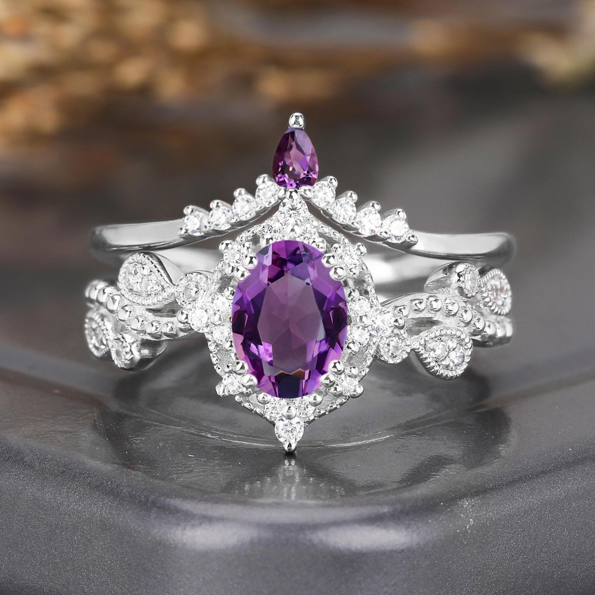 Cluster Oval Cut Amethyst Engagement Ring Set Vintage Rose Gold Leaf Branch Promise Ring For Women - anerjuly