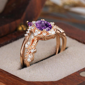 Cluster Oval Cut Amethyst Engagement Ring Set Vintage Rose Gold Leaf Branch Promise Ring For Women - anerjuly